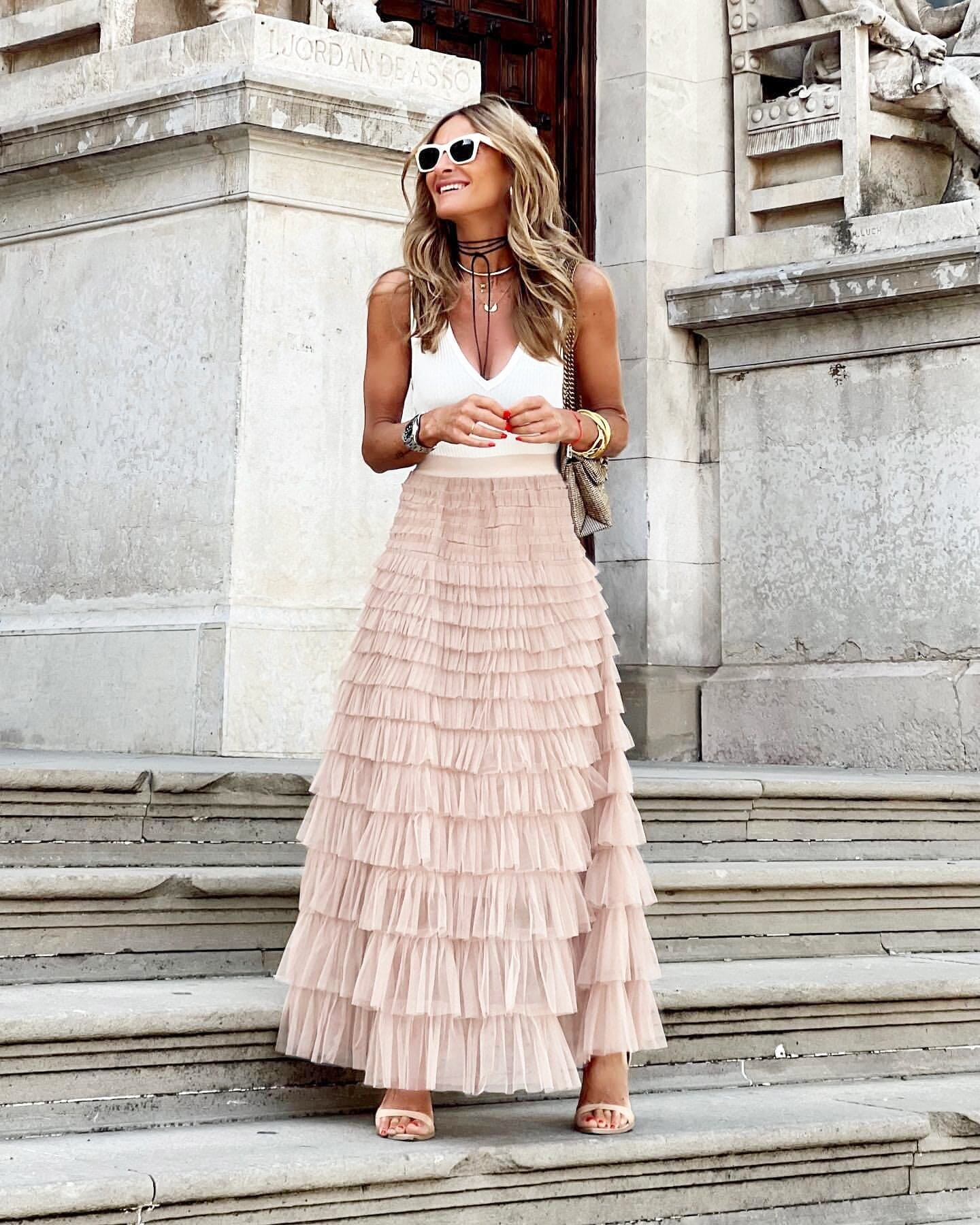 Esméria - Elegante Maxi-Gonna in Tulle per Primavera e Estate con Volant Sovrapposti