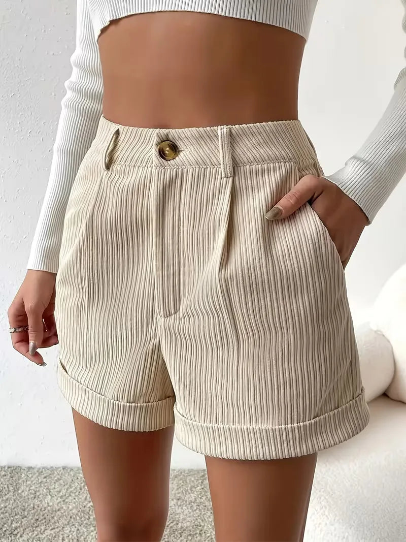Eleganti pantaloni corti in corda a vita alta per donne – Comodi pantaloni per il tempo libero con cintura ripiegata