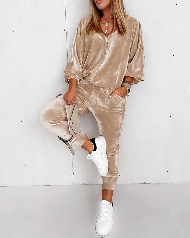 Comodo completo in velluto con zip – Set casual a 2 pezzi per donne