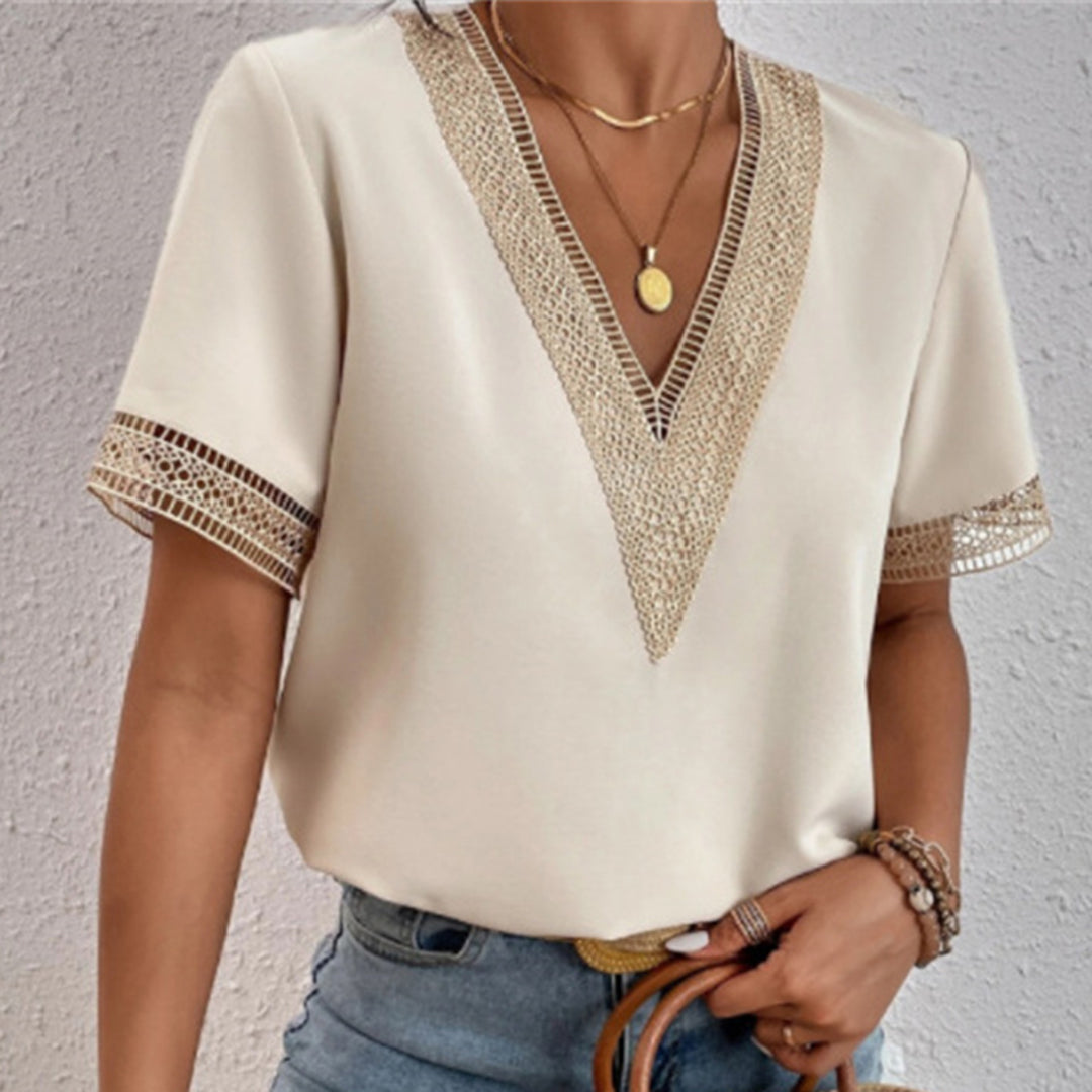 Jovelle - Elegante T-shirt estiva da donna con pizzo all'uncinetto e scollatura a V
