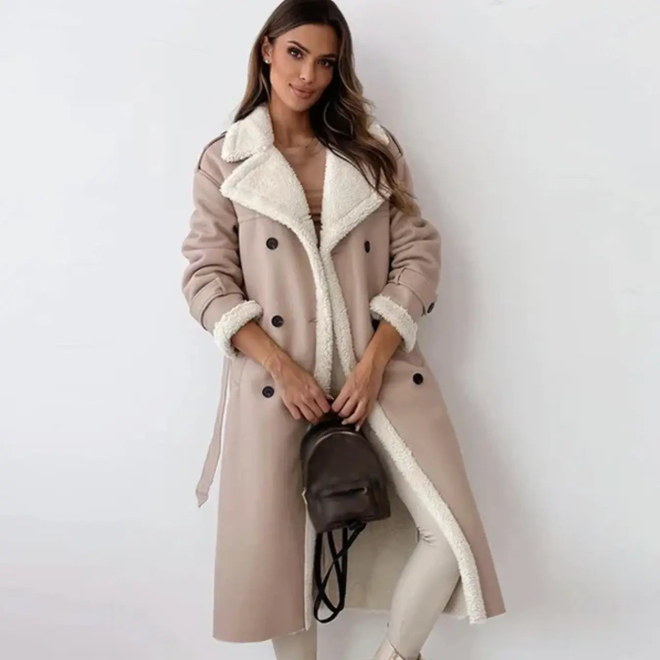 Naëline - Cappotto Lungo Elegante con Fodera in Teddy e Pelle Vegana