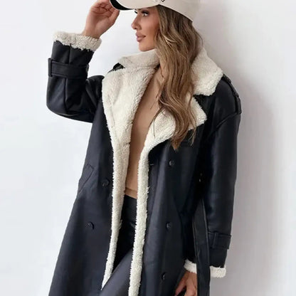 Naëline - Cappotto Lungo Elegante con Fodera in Teddy e Pelle Vegana