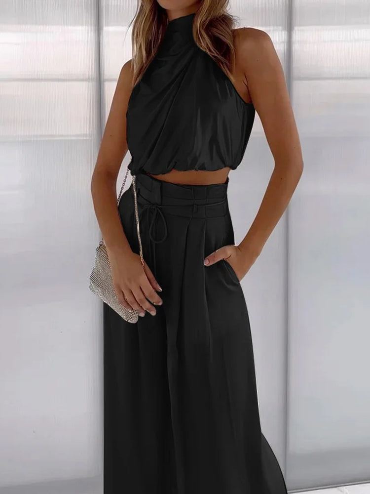 Set elegante a due pezzi con top a collo alto per donne – Pantaloni a vita alta larghi per occasioni speciali