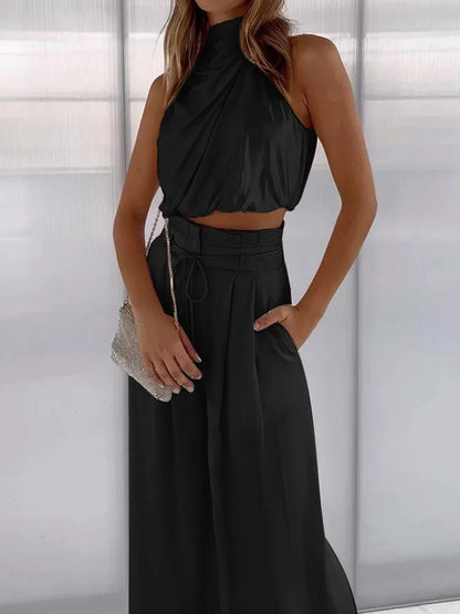 Set elegante a due pezzi con top a collo alto per donne – Pantaloni a vita alta larghi per occasioni speciali