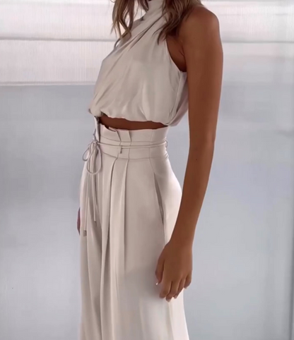 Set elegante a due pezzi con top a collo alto per donne – Pantaloni a vita alta larghi per occasioni speciali