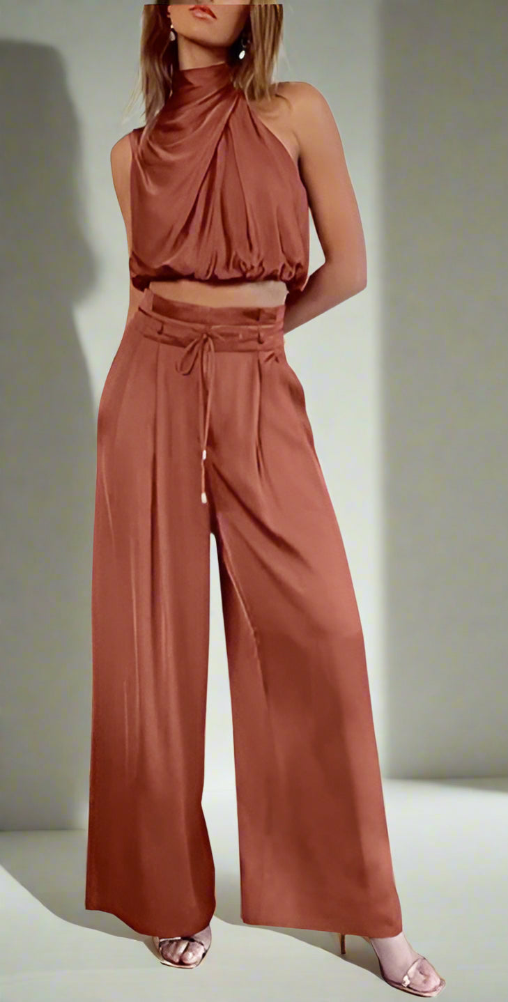 Set elegante a due pezzi con top a collo alto per donne – Pantaloni a vita alta larghi per occasioni speciali
