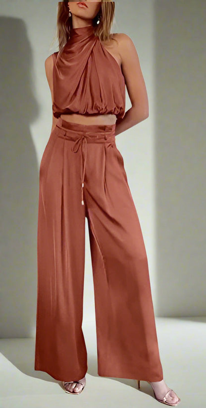 Set elegante a due pezzi con top a collo alto per donne – Pantaloni a vita alta larghi per occasioni speciali