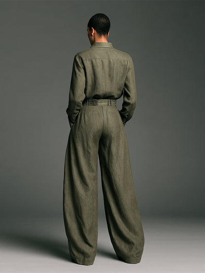 Laurélise - Completo due pezzi per donne, composto da una camicia a maniche lunghe in misto cotone-lino e pantaloni larghi