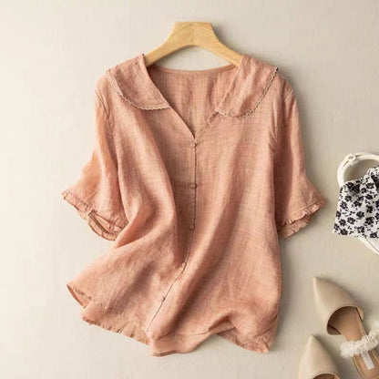 Blusa estiva leggera da donna con colletto – Blusa corta in stile lino