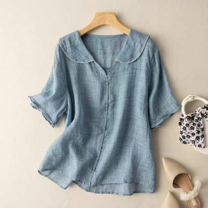 Blusa estiva leggera da donna con colletto – Blusa corta in stile lino