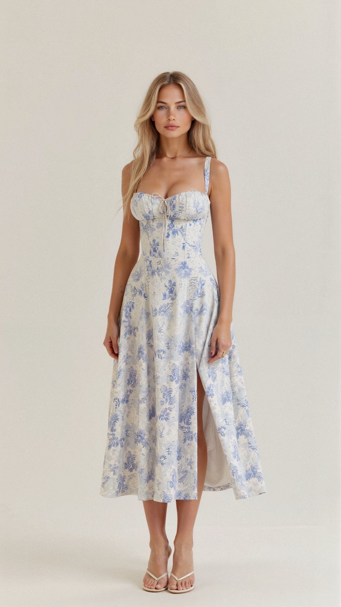 Abito midi estivo per donne con stampa floreale – Abito aderente con spacco e gonna fluente