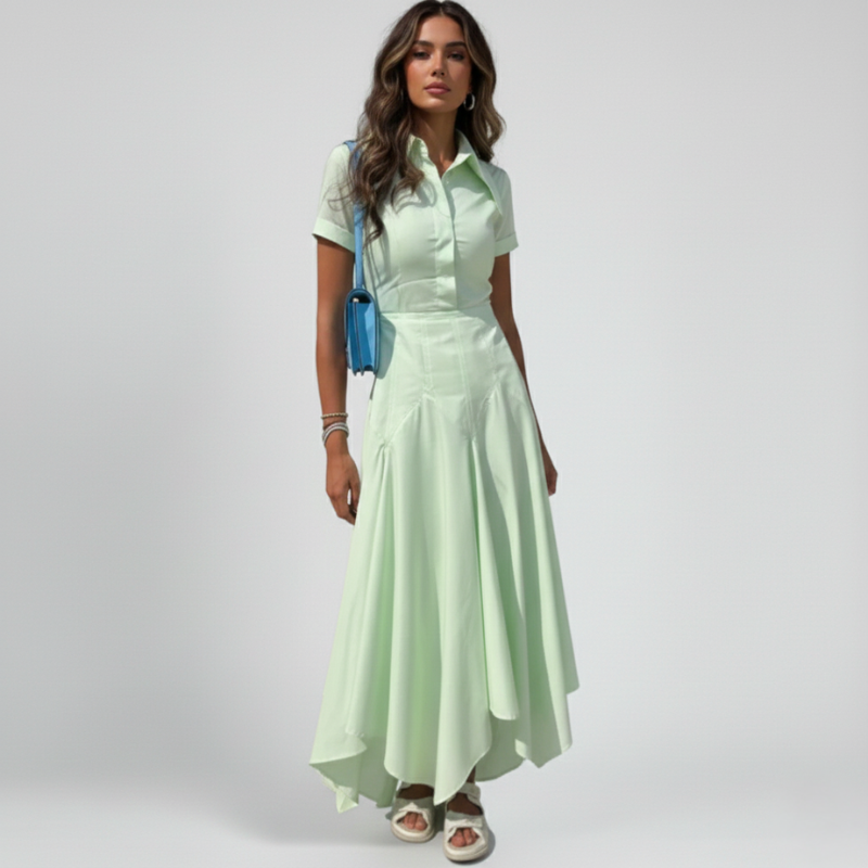 Elegante vestito midi in stile camicia con taglio aderente e gonna fluida per donne – Femminile e Stiloso
