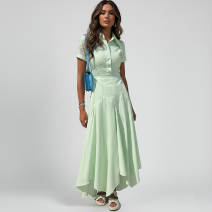 Elegante vestito midi in stile camicia con taglio aderente e gonna fluida per donne – Femminile e Stiloso