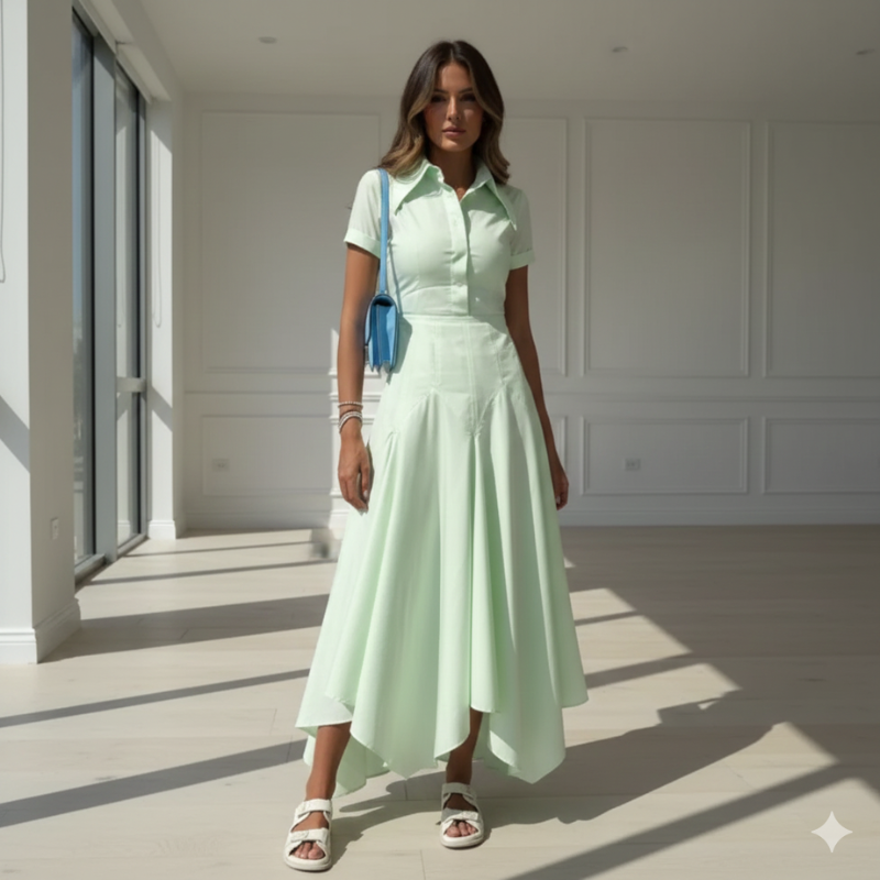 Elegante vestito midi in stile camicia con taglio aderente e gonna fluida per donne – Femminile e Stiloso