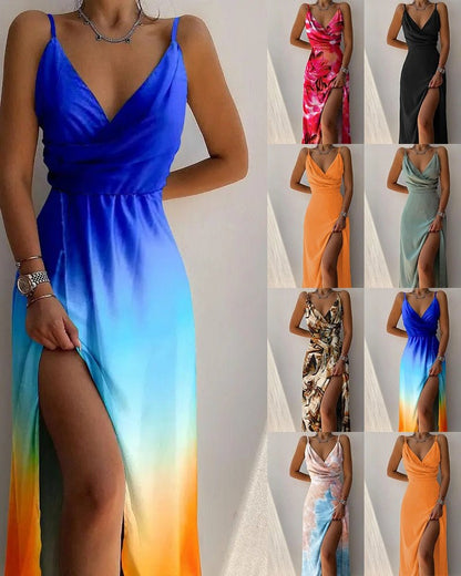 Maxi abito con spacco e spalline sottili per donne – Abito estivo con scollatura a incrocio