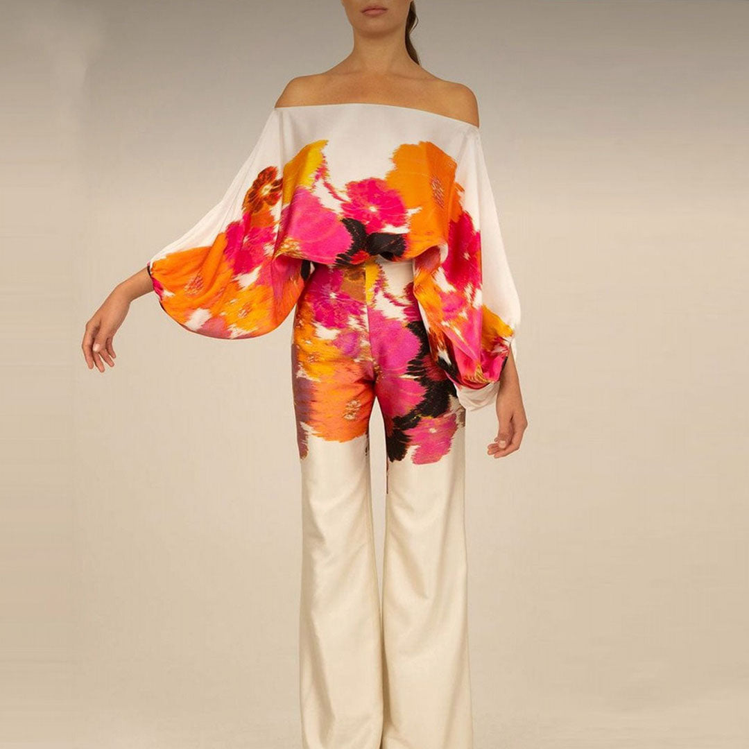 Maëlys - Elegante Completo Due Pezzi per Primavera e Estate con Maniche Ampie e Design Off-Shoulder, Pantaloni Palazzo a Vita Alta e Motivi Lucenti