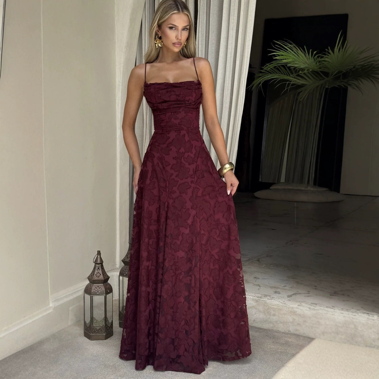 Elegante maxi abito in pizzo per donne – Abito da sera senza maniche con pizzo floreale