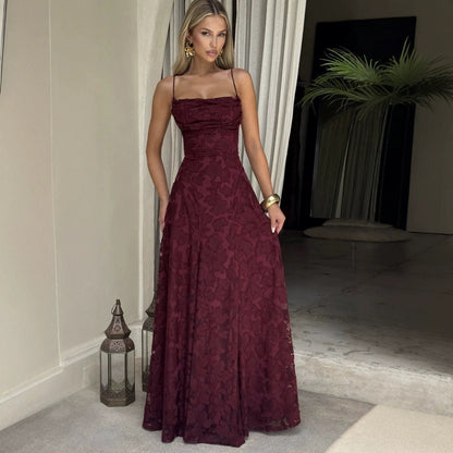Elegante maxi abito in pizzo per donne – Abito da sera senza maniche con pizzo floreale