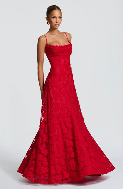 Elegante maxi abito in pizzo per donne – Abito da sera senza maniche con pizzo floreale