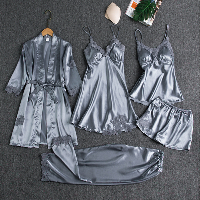 Set di Pigiama in Raso per Donna 5 Pezzi – Lingerie Elegante con Pizzo & Accappatoio