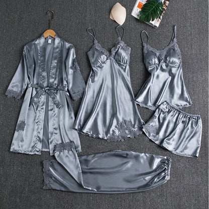 Set di Pigiama in Raso per Donna 5 Pezzi – Lingerie Elegante con Pizzo & Accappatoio