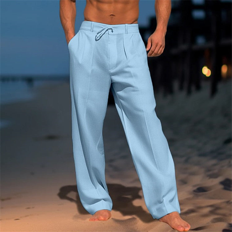 Pantaloni leggeri in lino con cordoncino per uomo – Pantaloni estivi traspiranti per spiaggia e tempo libero