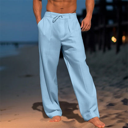 Pantaloni leggeri in lino con cordoncino per uomo – Pantaloni estivi traspiranti per spiaggia e tempo libero
