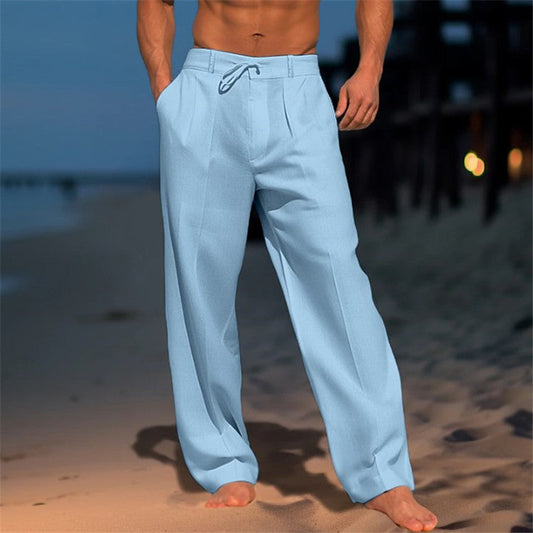 Pantaloni leggeri in lino con cordoncino per uomini – Pantaloni estivi ariosi per spiaggia e tempo libero