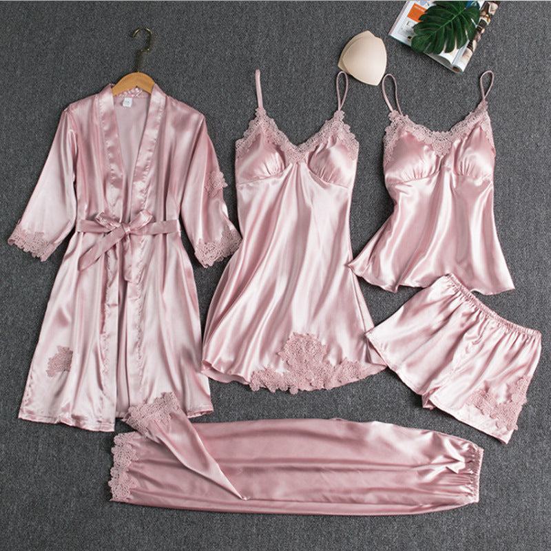 Set di Pigiama in Raso per Donna 5 Pezzi – Lingerie Elegante con Pizzo & Accappatoio