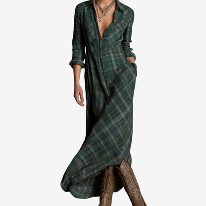 Virelle - Camicia lunga, comoda e ampia per la primavera, con quadri verdi e bottoni