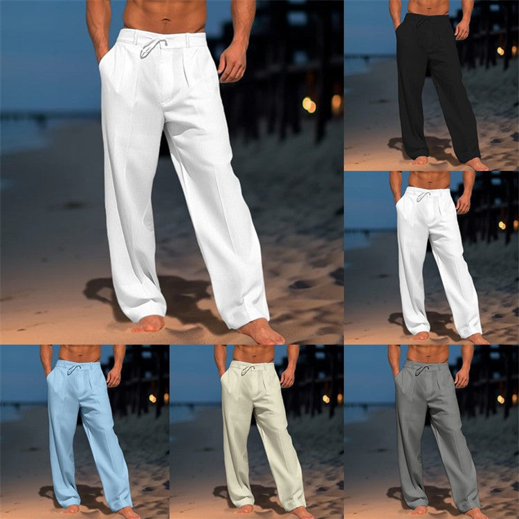 Pantaloni leggeri in lino con cordoncino per uomini – Pantaloni estivi ariosi per spiaggia e tempo libero