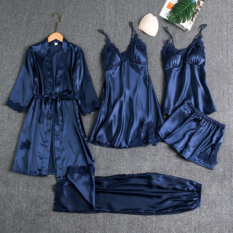 Set di Pigiama in Raso per Donna 5 Pezzi – Lingerie Elegante con Pizzo & Accappatoio
