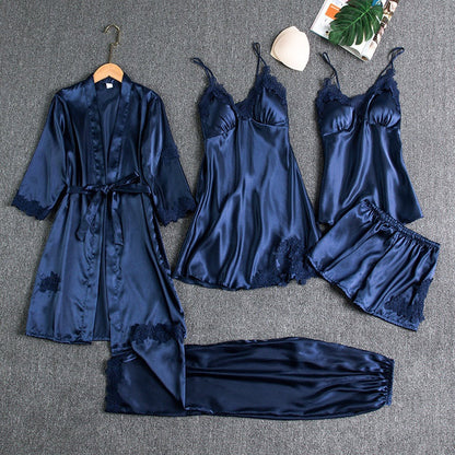 Set di Pigiama in Raso per Donna 5 Pezzi – Lingerie Elegante con Pizzo & Accappatoio