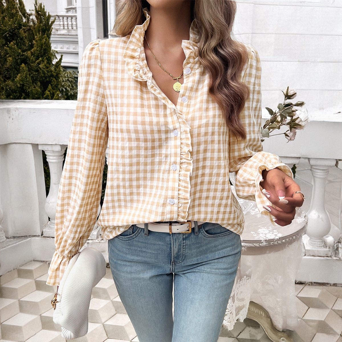 Blusa a Righe con Rouches per Donne – Elegante Blusa a Maniche Lunghe con Collo a Volant
