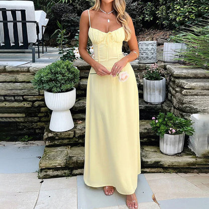 Cléophée - Maxidress da donna, senza maniche, con arricciatura nella parte superiore