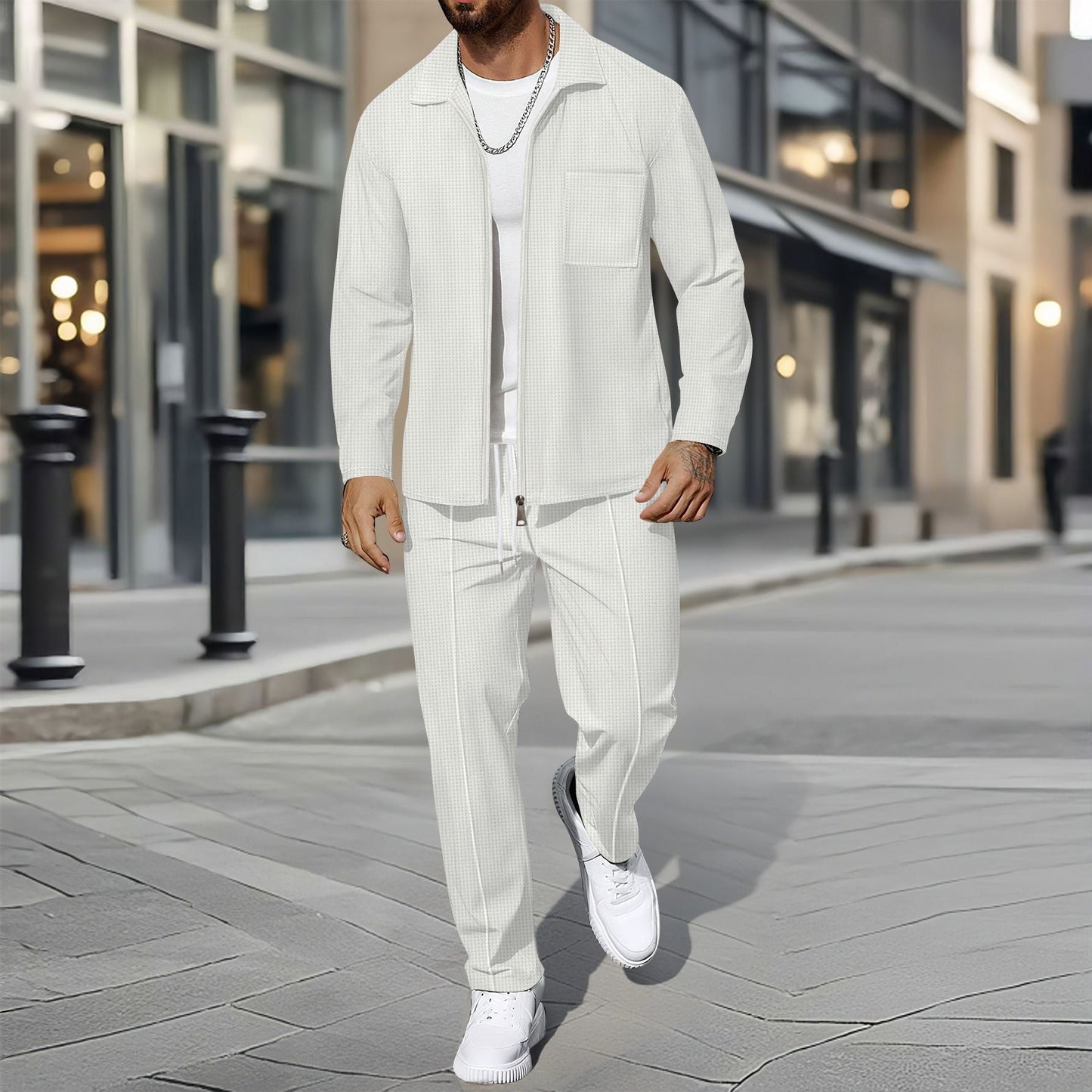 Set da tempo libero moderno con giacca camicia e pantaloni per uomo – Elegante completo in look casual business