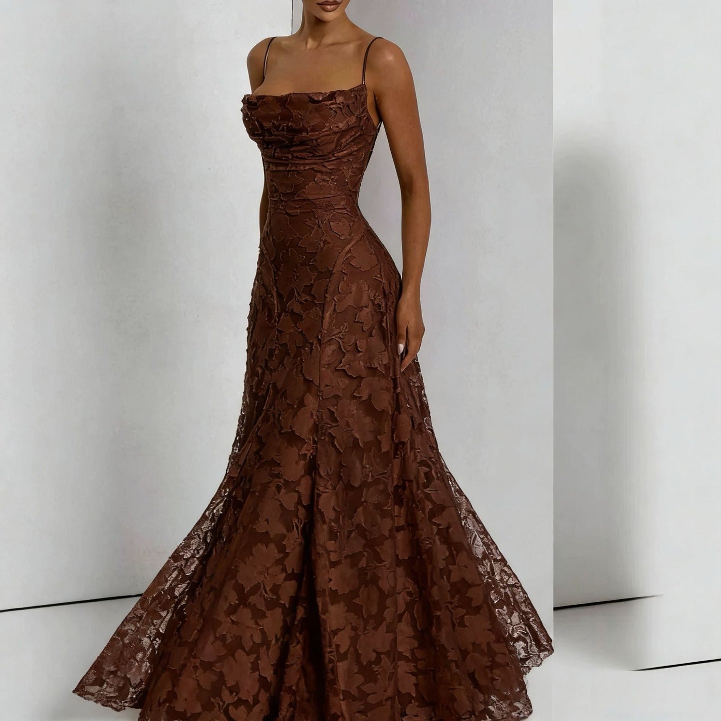 Elegante maxi abito in pizzo per donne – Abito da sera senza maniche con pizzo floreale