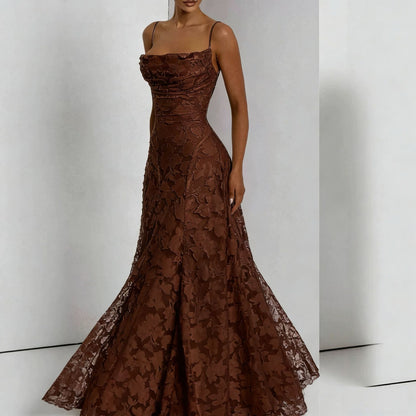 Elegante maxi abito in pizzo per donne – Abito da sera senza maniche con pizzo floreale