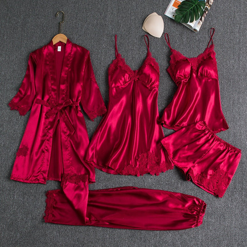 Set di Pigiama in Raso per Donna 5 Pezzi – Lingerie Elegante con Pizzo & Accappatoio