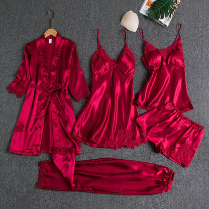 Set di Pigiama in Raso per Donna 5 Pezzi – Lingerie Elegante con Pizzo & Accappatoio