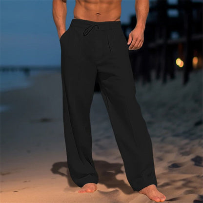 Pantaloni leggeri in lino con cordoncino per uomini – Pantaloni estivi ariosi per spiaggia e tempo libero