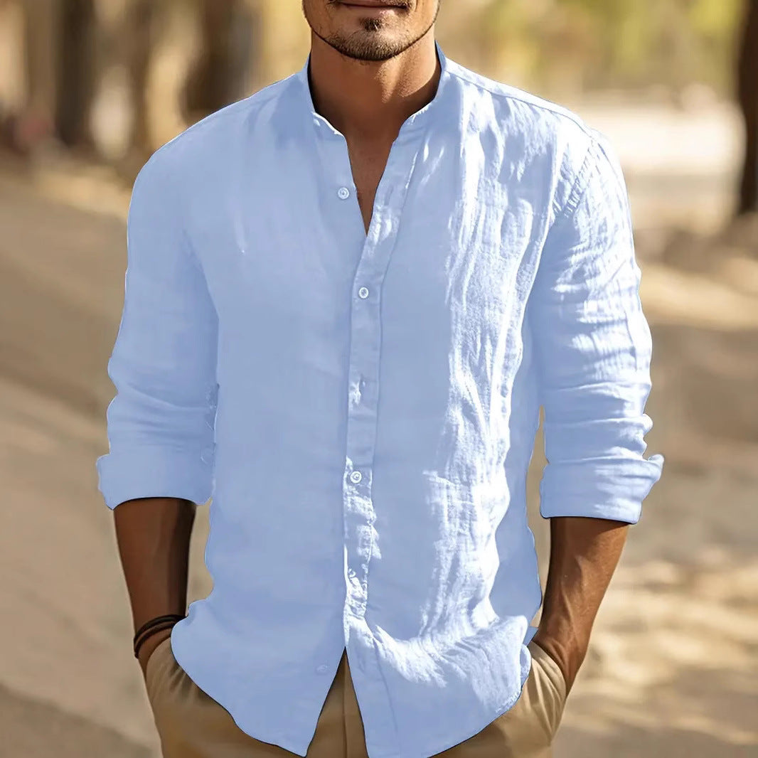 Camicia leggera in lino con colletto alla coreana – Camicia estiva traspirante per uomini