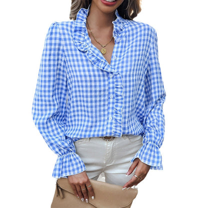 Blusa a Righe con Rouches per Donne – Elegante Blusa a Maniche Lunghe con Collo a Volant