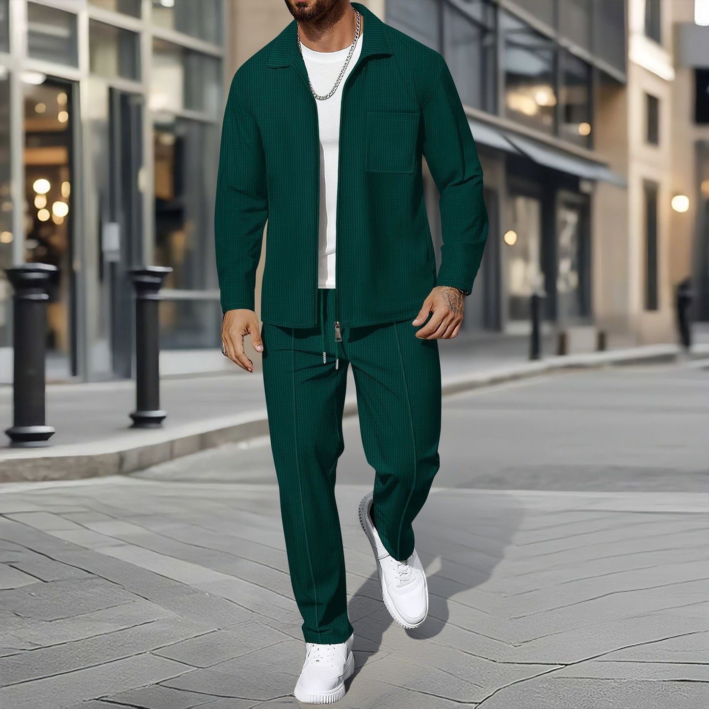 Set da tempo libero moderno con giacca camicia e pantaloni per uomo – Elegante completo in look casual business
