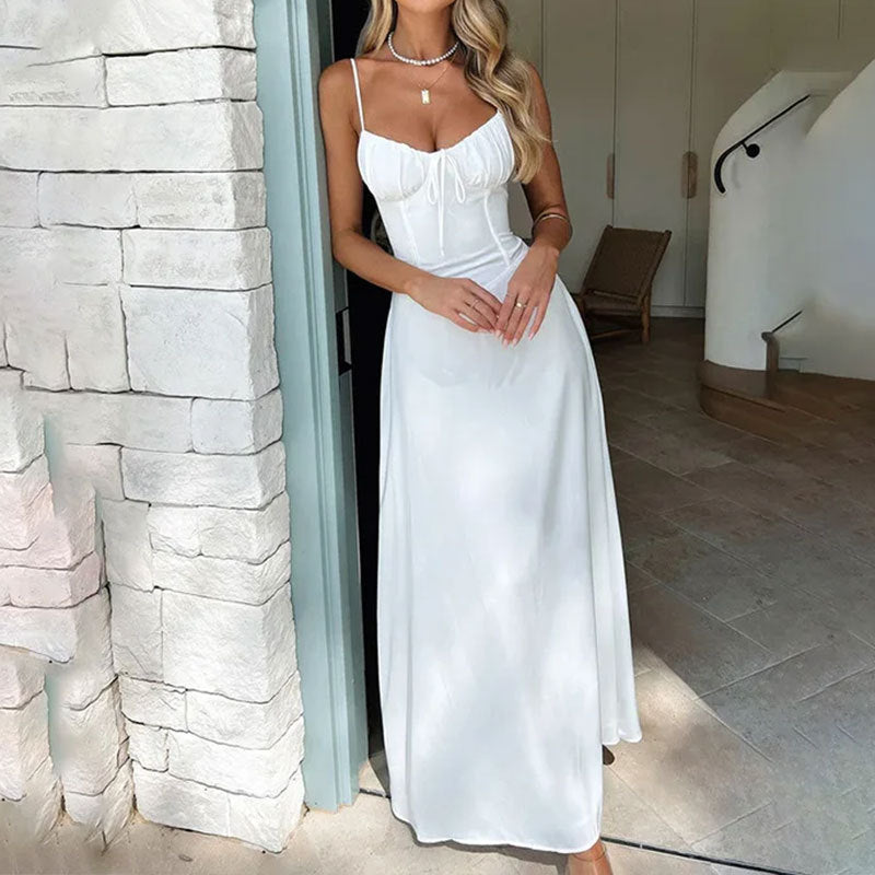 Cléophée - Maxidress da donna, senza maniche, con arricciatura nella parte superiore