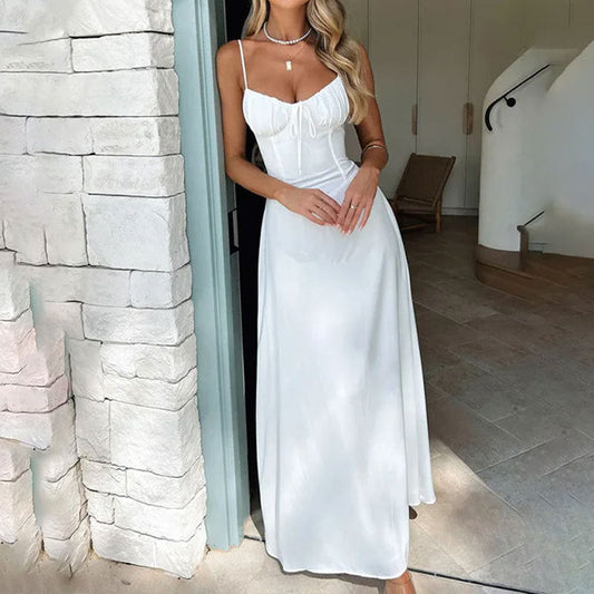 Cléophée - Maxidress da donna, senza maniche, con arricciatura nella parte superiore