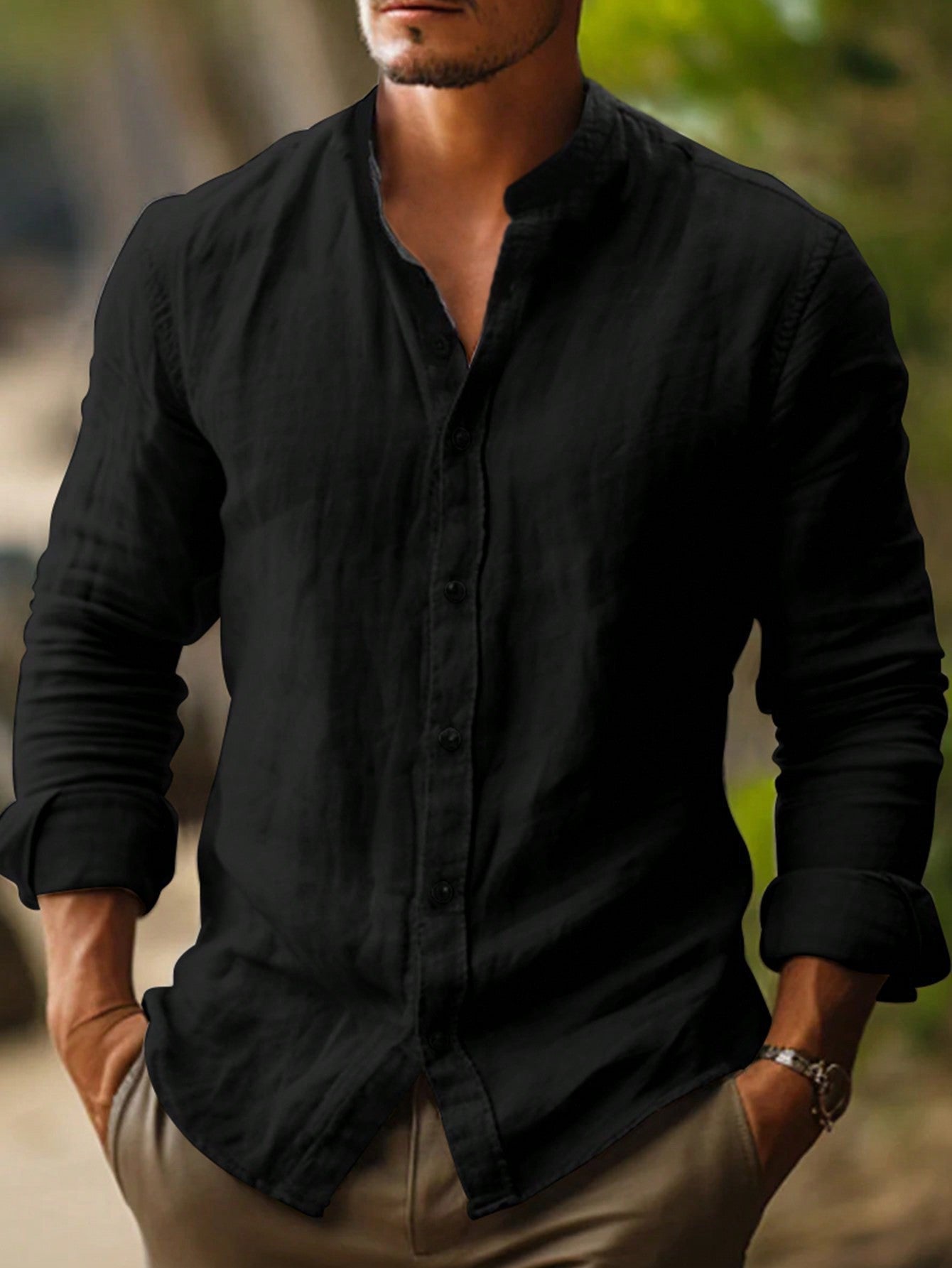 Camicia leggera in lino con colletto alla coreana – Camicia estiva traspirante per uomini