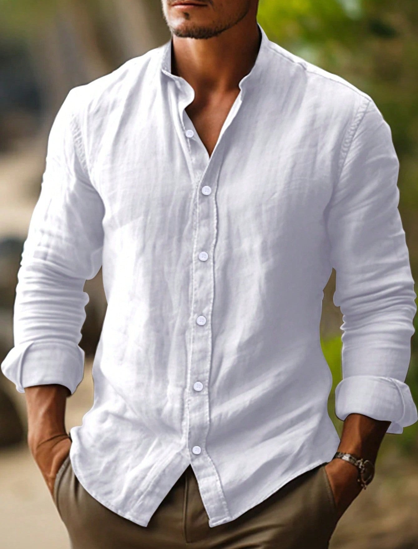 Camicia leggera in lino con colletto alla coreana – Camicia estiva traspirante per uomini