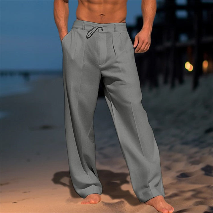 Pantaloni leggeri in lino con cordoncino per uomo – Pantaloni estivi traspiranti per spiaggia e tempo libero