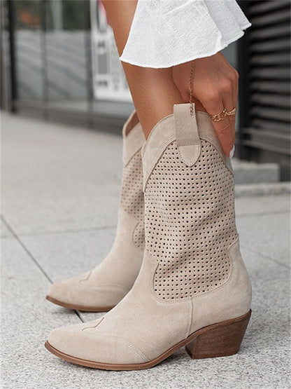 Théa - Stivaletti Western con Perforazione | Camoscio | Tacco a Blocco | Chic Casual